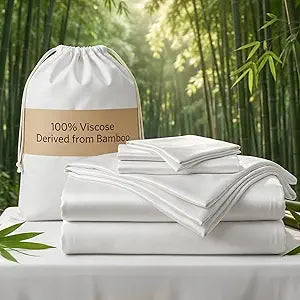 Real 100% Viscose Derived from Bamboo Sheets Set Full Size, Cooling & Silky Soft for Hot Sleeper, Luxury with Breathable & Moisture Wicking Fabric, 18" Deep Pocket with Corner Straps (White, Full)