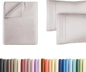 Queen Size Flat Bed Sheet + 2 Pillowcases Bundle - Hotel Luxury Single Flat Bottom Sheet Only - Fits Mattresses with Deep Pockets between 8 to 16 inches - Soft, Breathable & Wrinkle Free - Light Grey