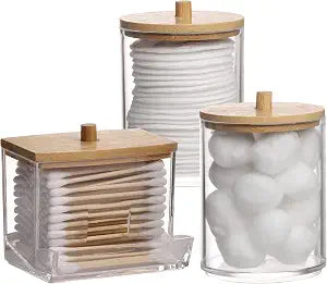 Tbestmax Qtips Holder Bathroom Container, 10/7 OZ Cotton Ball/Swabs Dispenser, Apothecary Jar Organizer for Storage Wood Lids