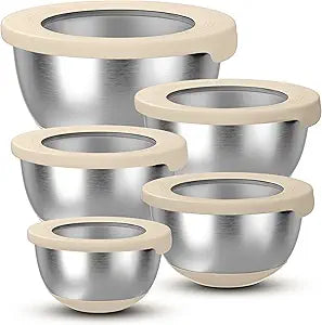 KITEISCAT Stainless Steel Mixing Bowls with Lids Set of 5 Large Nesting Metal Bowls for Kitchen, Baking, Cooking, Food Prep & Storage, Non-Slip Base, Dishwasher Safe,Khaki