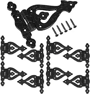 8 Pack Antique Cast Iron Vintage Heavy Duty T Hinges 5.3'' Black Powder Coated Wrought Iron Flush Mount Hinge with Hardware for Barn Door Cabinet Wardrobe Shed Window Wooden Box Chest