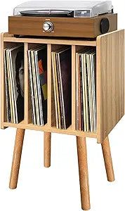 Record Player Stand, Vinyl Record Storage Table with 4 Cabinet, Mid Century Modern Turntable Stand, Organizer Vinyl Table for Bedroom Living Room, Oak