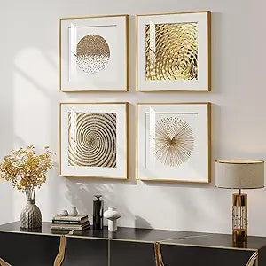 4 Pcs Framed Modern Gold and White Wall Art, Luxury Minimalist Canvas Pictures Prints, Geometric Painting Artwork Home Decoration for Hallway, Bathroom, Dining Room and Living Room