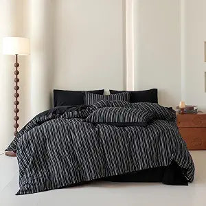 SUSYBAO Pinstripe Duvet Cover Queen 100% Washed Cotton 3 Pieces Set 1 Black Vertical Striped Duvet Cover with Zipper Ties 2 Pillow Shams Classic White Ticking Stripe Bedding Set