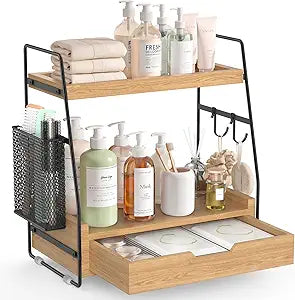 2-Tier Bathroom Counter Organizer with Drawer and Removable Basket, Wood Vanity Countertop Storage for Perfume, Makeup, Skincare, Bathroom Counter Shelf, Moisture-Resistant, Light Brown