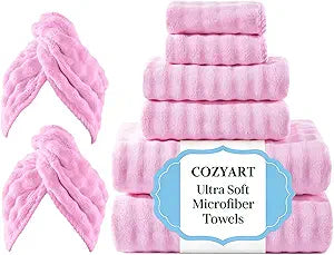 COZYART Lint Free Towel Sets 8 Pcs Pink, Super Soft, Thick, Absorbent & Quick Dry Microfiber 3D Bubble Bathroom Daily Use Set with 2 Bath Towels, 2 Hair Towels, 2 Hand Towels, 2 Washcloths