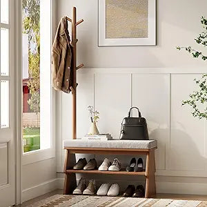 Coat Rack with Shoe Storage,Shoe Rack whit 8 Hook for OfficesBedroomLiving Room,Small Shoe Bench,Walnut