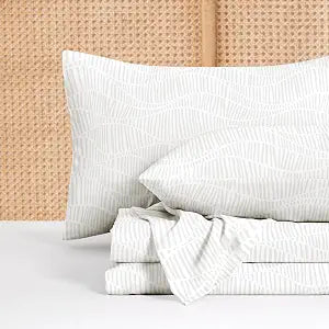 Wake In Cloud - Boho Bed Sheets, 4-Piece Sheet Set, Bohemian Chic Striped Wave Geometric Modern Aesthetic Pattern Printed Bedding, Deep Pocket, Grey, Full Size