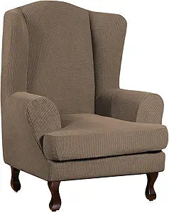 Turquoize Wingback Chair Covers 2 Piece Wing Chair Slipcover Stretch Slipcovers for Wingback Chairs Spandex Jacquard Fabric with Elastic Bottom Non-Slip Furniture Cover, Macchiato