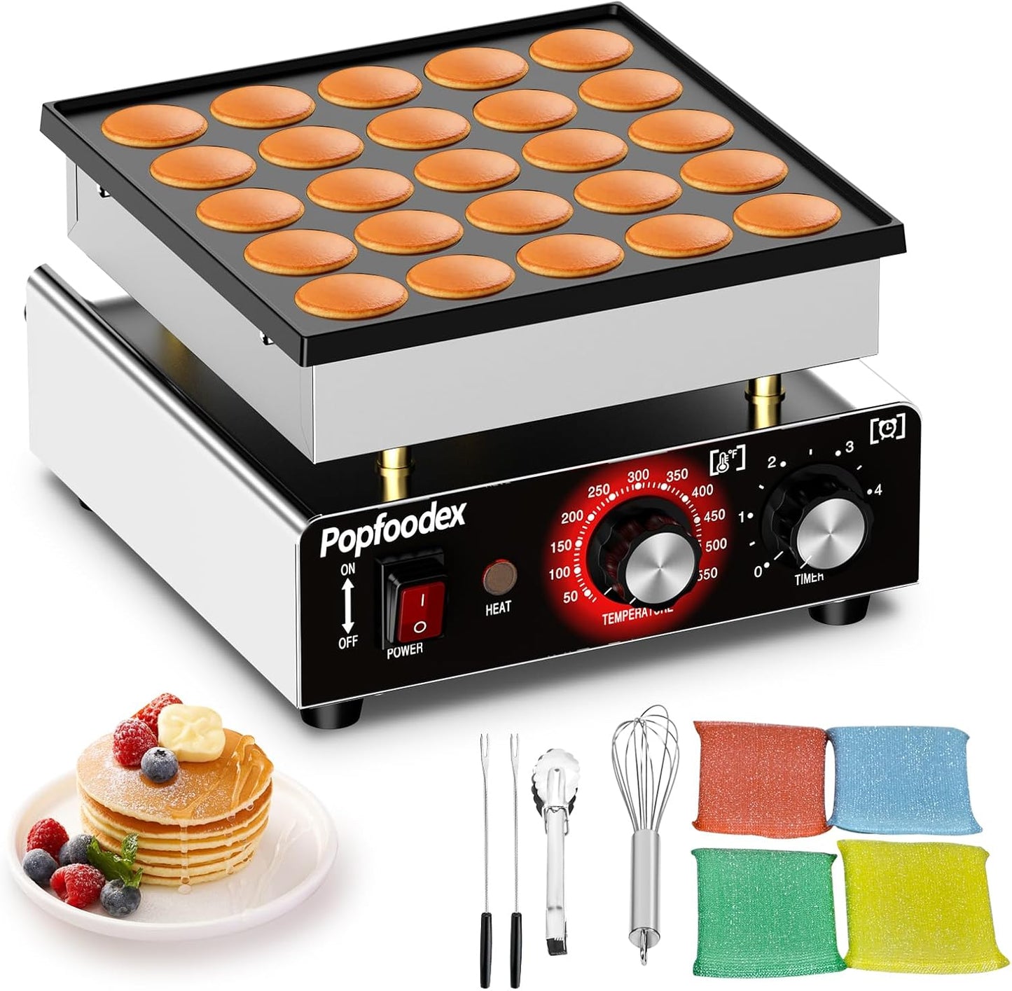 Popfoodex Mini Pancake Maker - 25Pcs Mini Pancake Griddle w\/Non-stick and Adjustable Temp, 110V Electric Dutch Pancake Maker w\/ 1.8 Inches Poffertjes, Hot Cakes Machine for Home Kitchen Restaurant