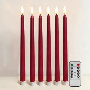 Burgundy Flameless Taper Candles with Remote, LED Candlesticks Set of 6