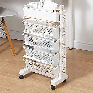 Removable Plastic Bookshelf for Home Study Room - 5 Tiers Mobile Storage Organizer Shelf With Wheels - Book Rack Cart