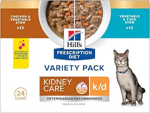 Hill's Prescription Diet k/d Variety Pack Wet Cat Food, Chicken & Vegetable Stew, Vegetable & Tuna Stew, 2.9 oz. Cans, 24-Pack