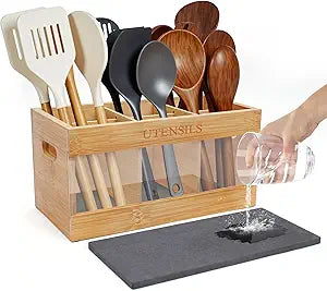 yazi Extra Large Bamboo Utensil Holder for Kitchen Counter - 6 Compartment Silverware Organizer with Natural Drying Stone, Rustic Farmhouse Decor for Home Chefs