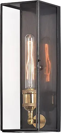 Solid Brass Outdoor Wall Lantern Sconce Exterior Porch Lamp with Tempered Glass, Rectangular Waterproof Wall Lighting Outdoor Sconces for House Patio Yard Front Porch Garage