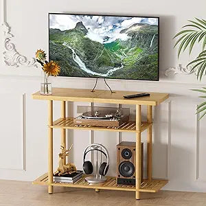Bamboo TV Stand, Small TV Stands for up to 32 Inch, 3-Tier Entertainment Center TV Shelf with Storage, Sturdy Corner TV Stand for Small Spaces, 31.5 x 24.2 x 11.8 inches