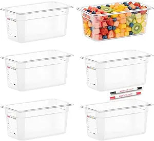 6-Pack 1/3 Size 6" Deep Polycarbonate Food Pans, NSF Commercial Clear Food Prep Pan, Hotel Pan for Salad Bar, Prep & Home Kitchen Use, Food-Grade with Erasable Markers