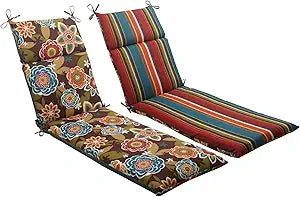 Pillow Perfect Reversible Floral Stripe Indoor/Outdoor Split Back Chaise Lounge Cushion with Ties, Plush Fiber Fill, Weather, and Fade Resistant, 72.5" x 21", Brown/Orange Annie, 1 Count