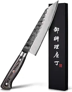 kanngou Japanese Chef Knife AUS-8 Alloy Steel 7 Inch Kiritsuke Knife, Razor Sharp Kitchen Cooking Knife with Full-Tang Black Pakkawood Handle and Gift Box