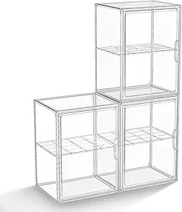 HOYOJA Clear Acrylic Display Case, Super Large Stackable Storage Bins Magnetic Attraction Lids, 3 Pack Acrylic Box with Divider for Collectibles, Figures, Purse, Handbag, Wallet, 11.4x9.84x15.4 inch
