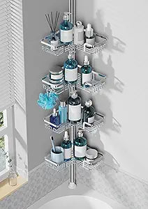 ZUNTO Shower Caddy Corner for Bathroom, Tension Pole, Adjustable 25in-114in Floor to Ceiling, Standing Shower Tension Rod Organizer, 4 Tier Bathroom Storage Shelves, Silver