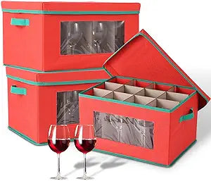 Garvee 3 Pack Wine Glass Storage Boxes with Dividers, 12-Compartment Stemware Organizers with Lid, Handle & Clear Window, China Storage Containers for Glassware, Wine Glasses, Drinkware, Red