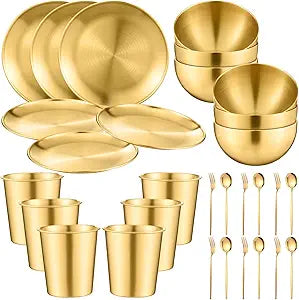 Jinei 30 Pcs 304 Stainless Steel Dinner Set Stainless Steel Plates and Bowls Include Plates Bowls Cups Forks Spoons Utensil Reusable Metal Camping Dinnerware Tableware for Home Picnic Kitchen (Gold)
