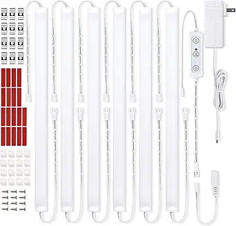 Litever Under Cabinet Lighting Kit Plug in, 6 pcs 12 Inches LED Light Bars. Super Bright Dimmable Linkable for Kitchen Undercabinet Counter Top Shelf Pantry Closet Display Lighting. Warm White 3000K