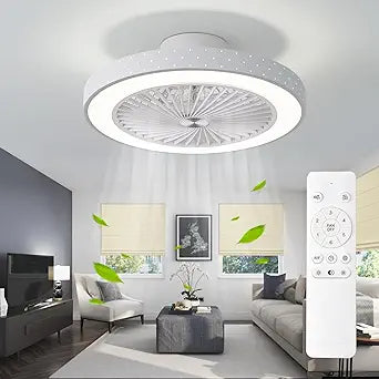 POWROL Ceiling Fans with Lights Low Profile Flush Mount with Remote Control 6 Wind Speeds Dimmable 3 Colors Iron 18.9Inch Invisible Bladeless Enclosed White Fan Light for Bedroom Kitchen