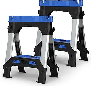 ZYJOYY Saw Horses 2 Pack Folding Heavy Duty, Adjustable Height Sawhorse, 2500 LBS Total Load Capacity, Ideal for Woodworking, Garage, Workshop & Jobsite Use