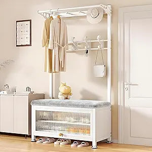 Coat Rack with Shoe Storage and Bench for Entryway, Freestanding Metal Hall Tree with Storage and Hooks, Organizer for Hallway, Bedroom, Living Room, White 31.514.267.7 in
