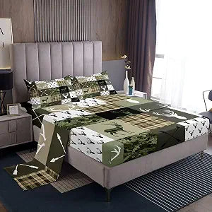 Feelyou Hunting Camo Bed Sheets Sets Full Size Kids Boys Girls Rustic Western Deer Bedding Set Camouflage Hunter Bed Sheet Set with 16-Inch Deep Pockets Wildlife Animal 4Pcs with 2 Pillow Cases