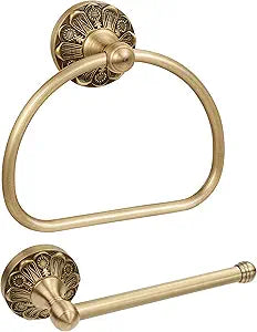 Brass Toilet Paper Holder Towel Ring, Antique Brass Towel Holder Toilet Paper Roll Holder, Rustic Towel Rack Bathroom Accessories Set Hardware 2 Pieces Farmhouse Wall Mounted