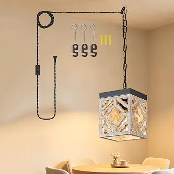 Tarentlight Rustic Wood Hanging Light Plug in, Adjustable Chain Boho Lamp with 13.8FT Cord & On/Off Switch, Farmhouse Pendant Lighting for Kitchen Island Livingroom Diningroom Hallway Bedroom.
