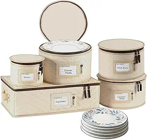 China Storage Hard Shell Containers 5-Piece Set Moving Boxes for Dinnerware, Glasses, Plates, Mugs and Saucers Sturdy Dish Organizer with Dividers for Seasonal Storage - Service for 12 - Beige Quilted