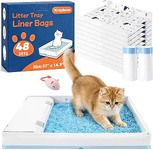 48 Pack Litter Box Liners Compatible with Safe Pets Scoopfree Cat Litter Box Tray Refill, Large Cat Waste Poop Bags with Anti-scratch Cardboard and Drawstring Heavy Tear-resistant- 37" x 16"