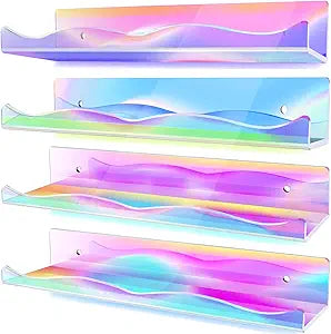 DILIBRA 4 Packs Iridescent Acrylic Floating Shelves, 15.7 Inch Clear Acrylic Display Shelf Wall Mounted, Invisible Set up for Funko Pop Display Shelves Wall Ledge Bookshelf for Kids Room Bathroom Dorm