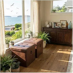 Ottoman Faux Leather Storage Ottoman Bench, Rectangular Storage Ottoman for Bedroom End of Bed, Brown Leather Footrest Ottoman with Toy Blanket Storage 16" D x 12" W x 12" H (Small)