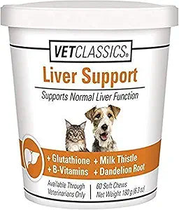 Vet Classics Liver Support Pet Health Supplement for Dogs, Cats Liver Functions B-Vitamins, Glutathione, Milk Thistle Soft Tablets, Chews 60 Soft Chews