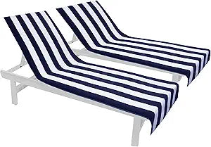 COTTON CRAFT Pool Lounge Chair Cover - 2 Pack - Chaise Beach Picnic Spa Towel - Cabana Stripe - Soft Premium Ringspun Terry Cotton - Oversized - 32 inch Wide x 82 inch Long with 7 inch Pocket Navy
