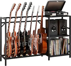 Guitar Stand with Record Player Stand, Guitar Rack with Record Player Table, Guitar Holder 7 Space for Multiple Guitars, Bass, Acoustic, Guitar Display for Home Music Studio, Black