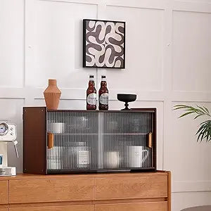 Furlide Wall Mounted Bamboo Countertop Storage Cabinet with Glass Door, Hanging Kitchen Cupboard with Adjustable Shelves, Small Pantry Sideboard for Dining Room, Bathroom, Walnut
