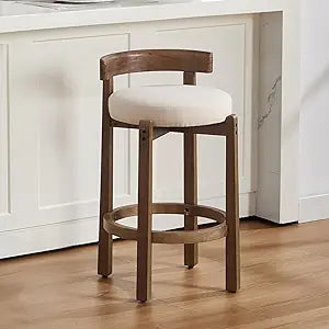 Lessmore mid-Century Beige Linen bar Stool - Low Back Counter Height stools with Wood Frame, upholstered Kitchen bar stools for Counter, Stylish & Comfortable