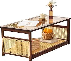 Tiita Coffee Tables for Living RoomMid Century Modern Storage 2-Tier Coffee TablesRattan Glass RectangleTablesSuitable for Living Room ApartmentBrown