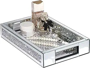 Rectangle Glass Tray with Handles for Dresser, Mirror Makeup Organizer Perfume Display, Crushed Diamond Home Decor Accent for Vanity, Living Room Tables, Silver(12x7.7x2)