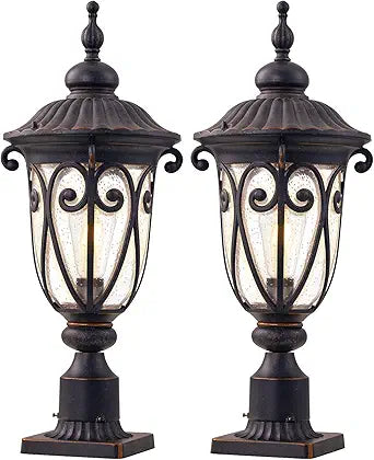 24 Inch Large Post Light Fixture with 3in Pier Mount, 2 Pack Bronze Post Lamp for Yard, Outdoor Pole Lantern with Seeded Glass, Aluminum Outside Lights for Garden Patio Driveway Pathway