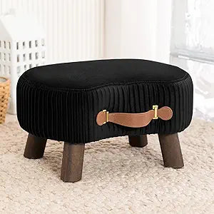 LUE BONA Small Curved Foot Stool with Handle, Black Velvet Footstool and Ottomans, Modern Foot Rest with Wooden Legs, Step Stool with Padded Seat for Couch, Living Room