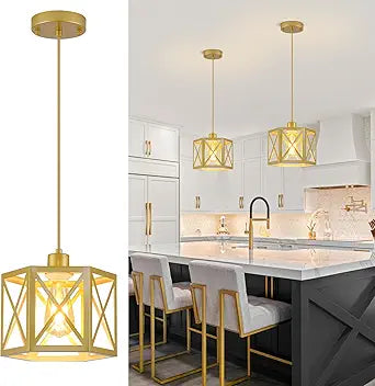 XSDeTu 2 Pack Gold Pendant Lights, Modern Farmhouse Hanging Light Fixture with Hexagonal Cage, Vintage Brass Metal Ceiling Lights, Adjustable Lantern Pendant Lighting for Kitchen Island Sink Hallway
