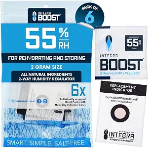 Integra Boost - 55% RH Level - 2 Gram Size - Two-Way Humidity Control Pack - Includes Humidity Indicator Cards - Humidity Balancer Packet For Packaged Foods & Herbs Storage (Pack of 6)