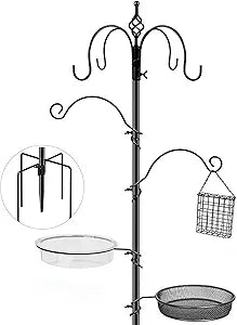 Bird Feeding Station, 90.55in 6-Hook Wild Bird Feeder Stand Pole with Water & Mesh Tray Humming Bird Feeders for Outdoors Easy Assembly for Courtyards Gardens (Black)